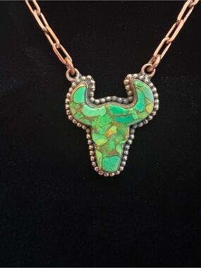Peacock Dahlia Bull Head Copper Necklace
